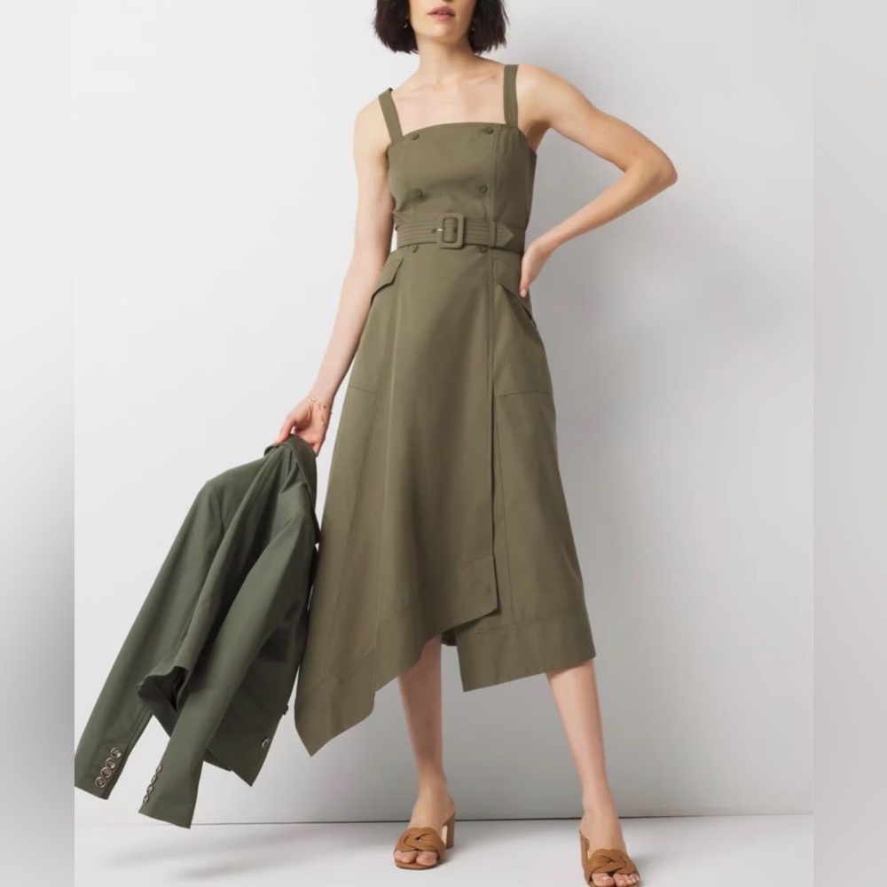 NWOT WHBM Asymmetric Trench Midi Dress, Forest Olive